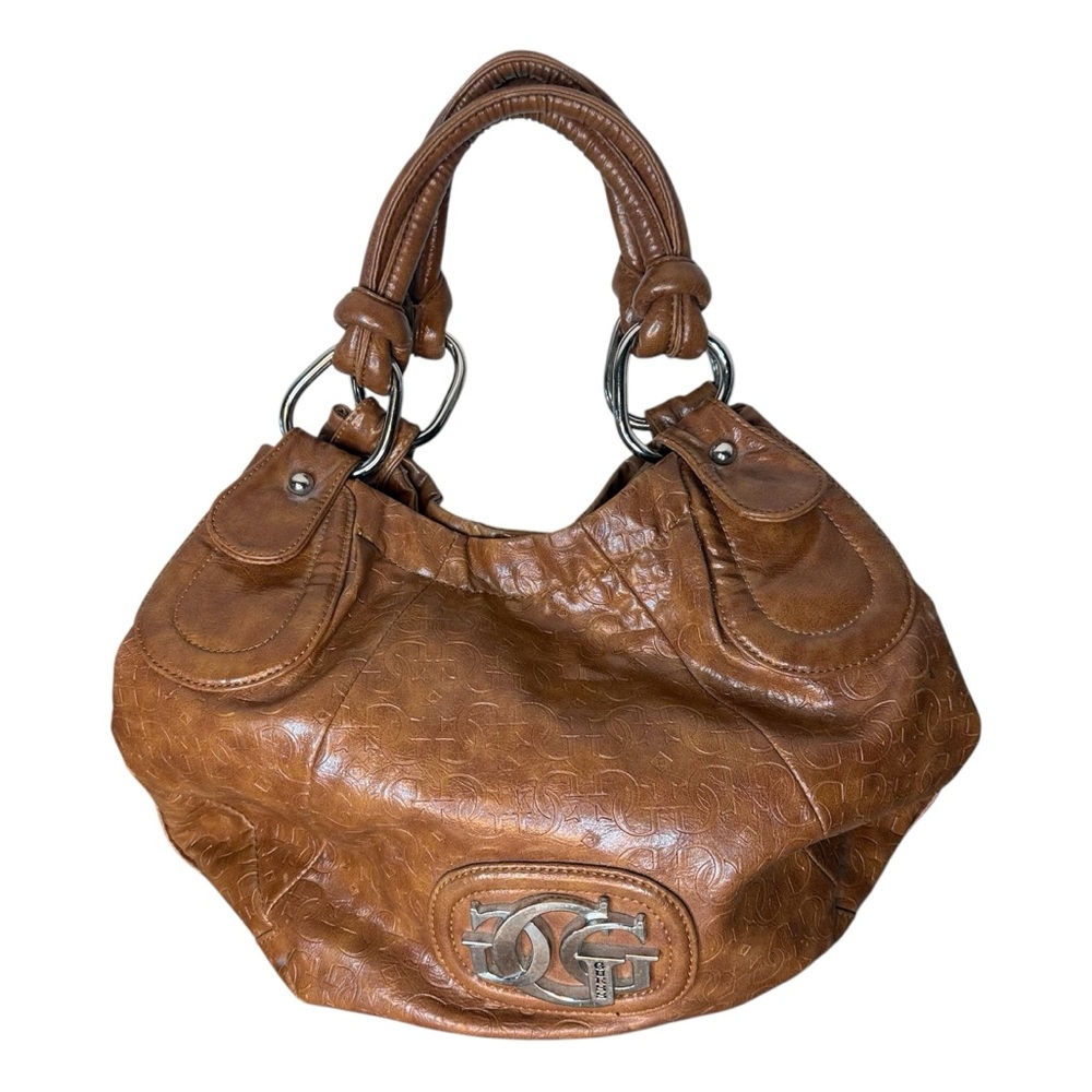 GUESS Vintage Brown Faux Leather Hobo Shoulder Bag Slouchy Y2K Boho Monogram